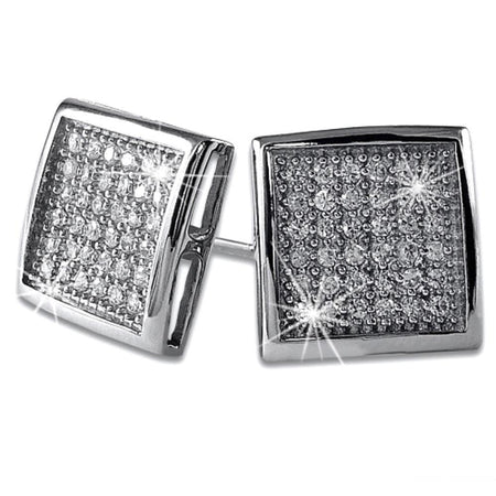 3D Smooth Box Rhodium CZ Micro Pave Bling Earrings