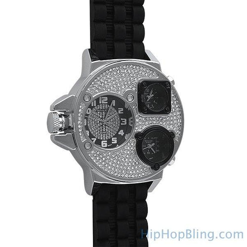 Silver Ice Triple Time Zone Rubber Watch
