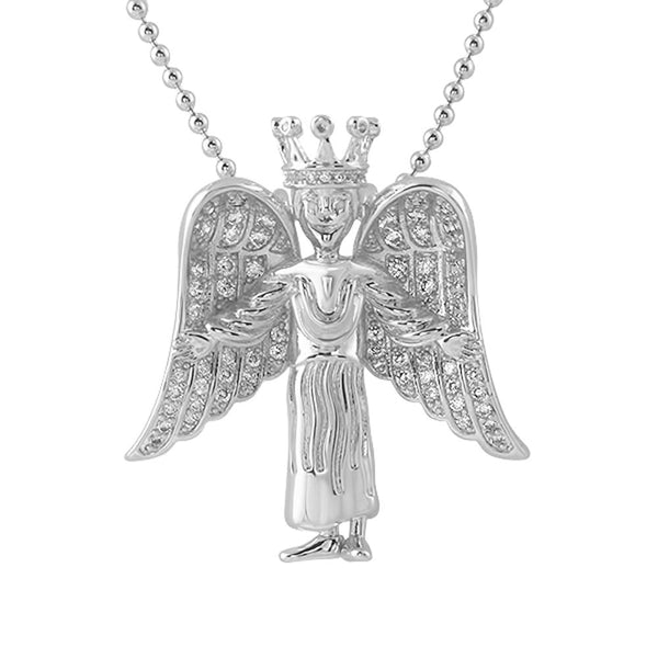 Crowned Angel Wings Mini Pendant CZ Rhodium