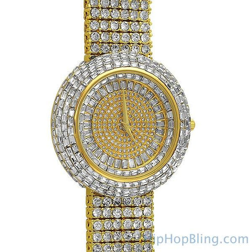Custom Gold Iced Out Baguette Orbit 6 Row Watch