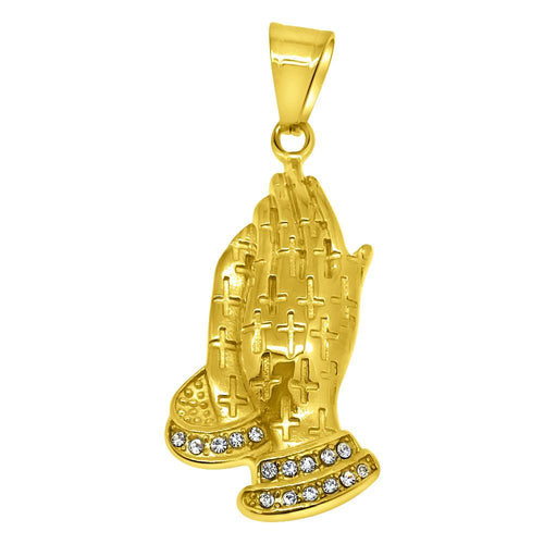 Prayer Hands Cross Pattern Gold Steel Pendant