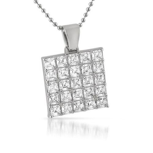 .925 Silver Asscher Cut CZ Bling Bling Rhodium Block Pendant