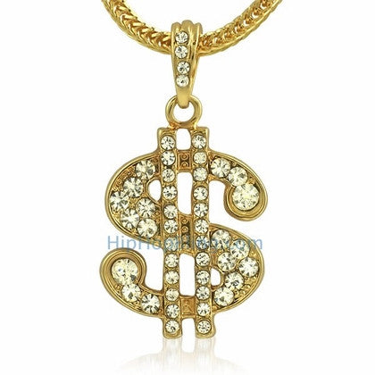 Gold Dollar Sign Bling Bling Pendant & Chain Small