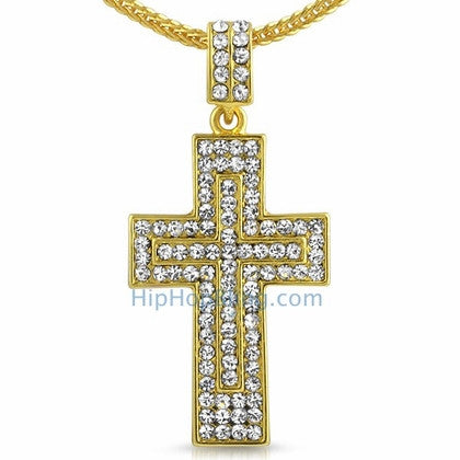 Gold Double Decker Hip Hop Cross & Chain Small