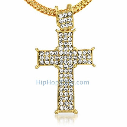 Gold Prong Bling Bling Cross & Chain Small