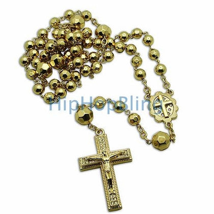 Gold Shiny Crystal Beaded Jesus Cross Rosary Necklace