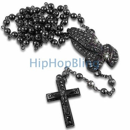 Praying Hands Bling Bling Black Rosary Necklace