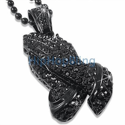 Praying Hands Hematite Black Pendant Free Chain