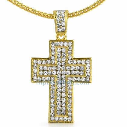 Gold CZ Nail Cross Bling Pendant 3D