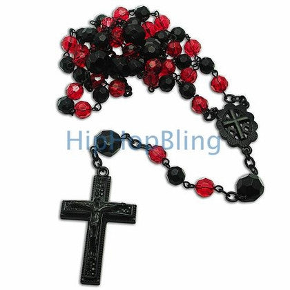 Red & Black Crystal Beaded Rosary Necklace