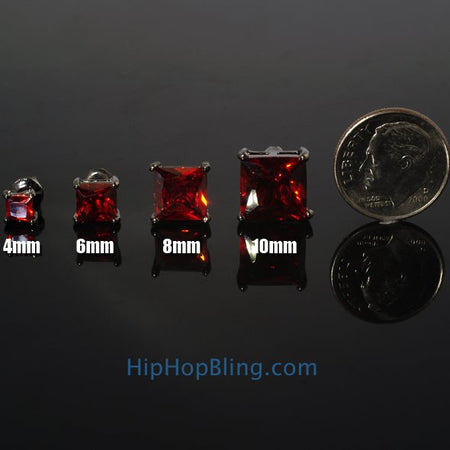 Red CZ Diamond Round Stud Earrings Black