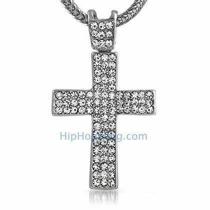 Rhodium Concave Bling Bling Cross & Chain Small