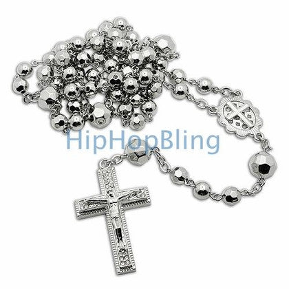 Silver Crystal Beaded Rosary Necklace