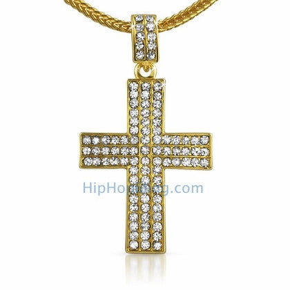 Triple Bling Gold Cross & Chain Small