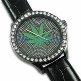 Weed Leaf Black Case Leather Bling Watch