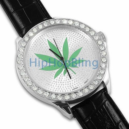 Weed Leaf Silver Black Leather Bling Bling Watch