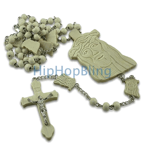 White Wood Jesus Piece Link Rosary Necklace