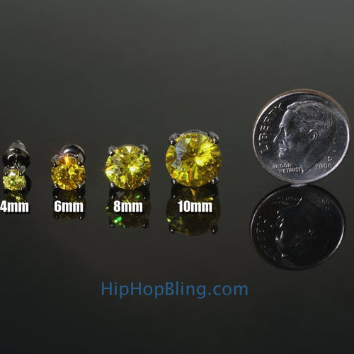 Yellow CZ Diamond Round Stud Earrings Black